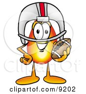 Flame Mascot Cartoon Character In A Helmet Holding A Football