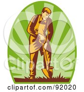 Retro Styled Logo Of A Male Gardener Using A Shovel On A Green Oval