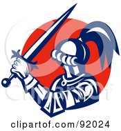 Royalty Free RF Clipart Illustration Of A Retro Styled Logo Of A Knight With A Sword Over A Red Circle