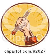 Retro Styled Logo Of A Hand Holding Up A Pencil In A Sunny Circle