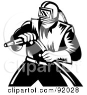 Retro Black And White Sand Blaster Man Holding A Hose