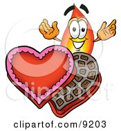 Flame Mascot Cartoon Character With An Open Box Of Valentines Day Chocolate Candies