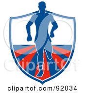 Royalty Free RF Clipart Illustration Of A Blue And Red Logo Of A Male Runner Over A Shield