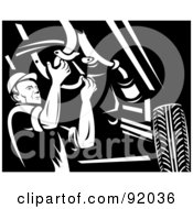 Royalty Free RF Clipart Illustration Of A Retro Black And White Mechanic Working Under A Car