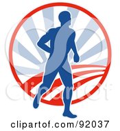 Poster, Art Print Of Blue And Red Logo Of A Male Runner Over A Circle