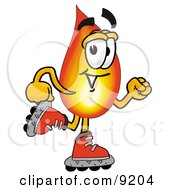 Flame Mascot Cartoon Character Roller Blading On Inline Skates