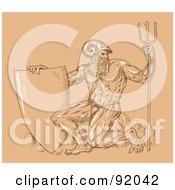 Royalty Free RF Clipart Illustration Of A Sketch Of Neptune With A Shield And Trident Over Tan