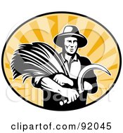 Logo Of A Retro Black And White Farmer With Wheat And A Scythe In A Sunny Oval