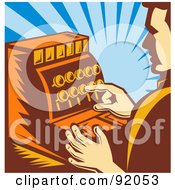 Poster, Art Print Of Retro Male Cashier Pushing Buttons On A Register