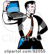 Proud Retro Businessman Holding A Laptop On His Shoulder