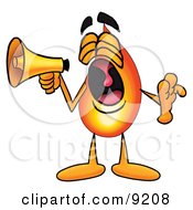 Flame Mascot Cartoon Character Screaming Into A Megaphone