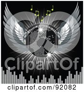 Winged Silver Map Disco Ball With Headphones With Music Notes A Burst And A Equalizer Bars On Black