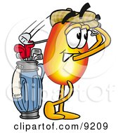 Clipart Picture Of A Flame Mascot Cartoon Character Swinging His Golf Club While Golfing by Mascot Junction