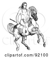 Black And White Native American Boy Holding A Spear And Riding On A Pinto