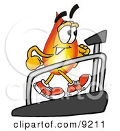 Flame Mascot Cartoon Character Walking On A Treadmill In A Fitness Gym