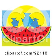 Three Blue Birds Sitting On And Eating A Slice Of Watermelon