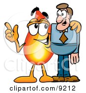 Clipart Picture Of A Flame Mascot Cartoon Character Talking To A Business Man by Mascot Junction