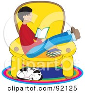 Dalmatian Dog Curled Up Below A Boy Reading A Book On A Chair