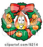 Flame Mascot Cartoon Character In The Center Of A Christmas Wreath