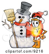 Poster, Art Print Of Flame Mascot Cartoon Character With A Snowman On Christmas