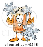 Clipart Picture Of A Beer Mug Mascot Cartoon Character With Three Snowflakes In Winter
