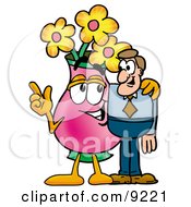 Vase Of Flowers Mascot Cartoon Character Talking To A Business Man