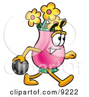 Vase Of Flowers Mascot Cartoon Character Holding A Bowling Ball