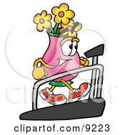 Clipart Picture Of A Vase Of Flowers Mascot Cartoon Character Walking On A Treadmill In A Fitness Gym