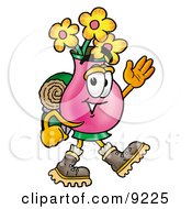 Vase Of Flowers Mascot Cartoon Character Hiking And Carrying A Backpack