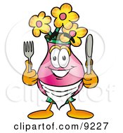 Vase Of Flowers Mascot Cartoon Character Holding A Knife And Fork