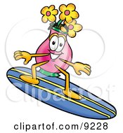 Poster, Art Print Of Vase Of Flowers Mascot Cartoon Character Surfing On A Blue And Yellow Surfboard