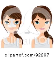Royalty Free RF Clipart Illustration Of A Brunette Caucasian Woman Shown With And Without Bandages After A Rhinoplasty