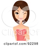 Royalty Free RF Clipart Illustration Of A Winking Brunette Caucasian Woman Holding Out Her Hand With A Diamond Ring On Her Finger