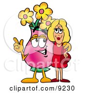 Vase Of Flowers Mascot Cartoon Character Talking To A Pretty Blond Woman