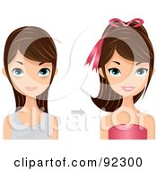 Royalty Free RF Clipart Illustration Of A Brunette Caucasian Woman Shown Before And After A Make Over