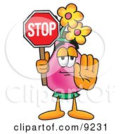 Vase Of Flowers Mascot Cartoon Character Holding A Stop Sign