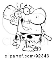 Royalty Free RF Clipart Illustration Of An Outlined Toothy Caveman Grinning And Carrying A Club Over His Shoulder by Hit Toon