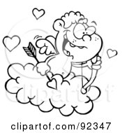 Royalty Free RF Clipart Illustration Of An Outlined Cupid In A Cloud With Hearts A Bow And Arrow