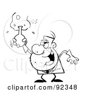 Outlined Mad Scientist Man Grinning And Holding A Laboratory Flask