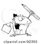 Royalty Free RF Clipart Illustration Of An Outlined Businessman Shark Running With A Briefcase And Pencil