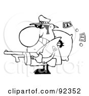 Royalty Free RF Clipart Illustration Of An Outlined Tough Mobster Holding A Machine Gun And Money Sack