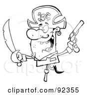 Royalty Free RF Clipart Illustration Of An Outlined Pirate Holding Up A Sword And Pistol And Balancing On His Peg Leg by Hit Toon