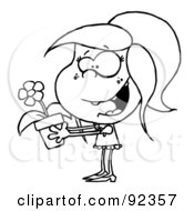 Royalty Free RF Clipart Illustration Of An Outlined Girl Carrying A Potted Flower