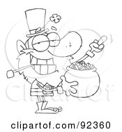 Outlined Leprechaun Holding Up His Middle Finger Of A Pot Of Gold