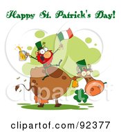 Poster, Art Print Of Happy St Patricks Day Greeting Of A Leprechaun With A Flag And Beer On A Cow