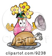 Poster, Art Print Of Vase Of Flowers Mascot Cartoon Character Serving A Thanksgiving Turkey On A Platter