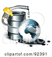 Royalty Free RF Clipart Illustration Of A Dripping Nozzle Over A Globe And Barrel With Shadows