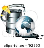 Royalty Free RF Clipart Illustration Of A Nozzle Dripping Over A Globe In An Oil Spill By A Barrel by beboy