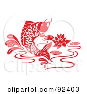 Poster, Art Print Of Red Chinese Styled Koi Fish Jumping In A Lily Pond
