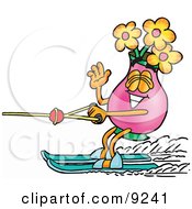 Vase Of Flowers Mascot Cartoon Character Waving While Water Skiing